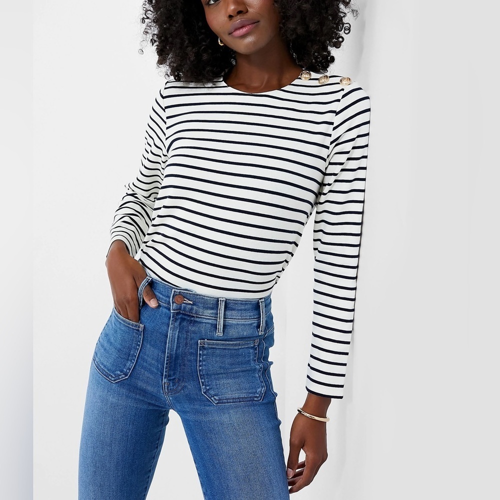 Pomander Place Tuckernuck Bowman Gold Button Long Sleeve Top Navy Stripe Sz XL